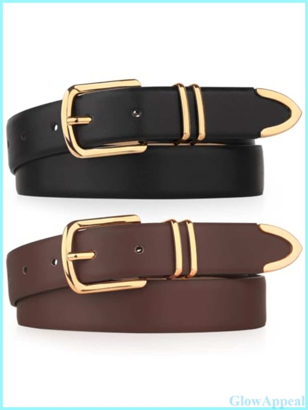 2 Pack Women Faux Leather Belts Gold Buckle Classic Jeans Pants
